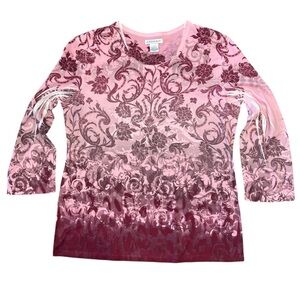 New HANNAH Large Pink & Burgundy Floral Patterned Blouse 3/4 Sleeves